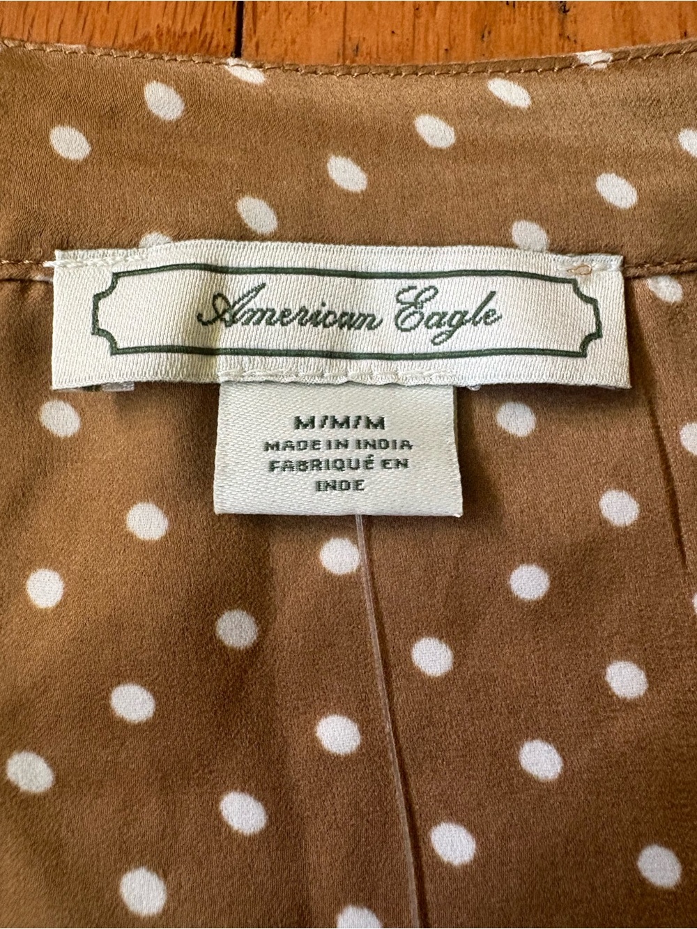 American Eagle Outfitters Silky Long Sleeve Tie-Front Brown Polkadot Top - Picture 4 of 7